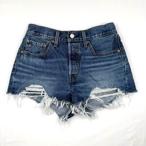 Levi’s 501 High Rise Distressed Denim Shorts W27 Raw Hem Vintage Look Cheeky